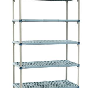 Meet the MetroMax Q 5Q577G3, a robust five-shelf plastic industrial shelving unit. With dimensions of 24 x 72 x 74, it offers unmatched organization and features sturdy blue-cornered supports. Note: Actual dimensions may vary.