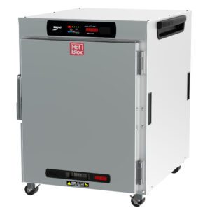 The Metro HBCW8-DS-UC HotBlox Wide 8-Pan Insulated Undercounter Holding Cabinet features a solid door with a Hot Blox logo, a digital touchscreen for 170°F display, operates at 120V, 875W, and 60Hz, and includes wheels for mobility. Its industrial design is both robust and efficient.