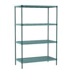 The Metro PR-213074K3-S-4 is a 21 x 30 x 74 Super Erecta Pro wire shelving unit with four mesh-like shelves and removable plastic mats, featuring a green finish and providing ample storage on four vertical poles.