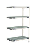 The MetroMax i AX336GX3 is a 4-shelf plastic industrial shelving add-on unit measuring 18 x 36 x 63, featuring evenly spaced grid-patterned shelves supported by corner poles. Its light gray structure with black and blue accents offers a sleek, industrial look.