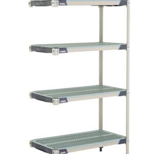 The MetroMax i AX336GX3 is a 4-shelf plastic industrial shelving add-on unit measuring 18 x 36 x 63, featuring evenly spaced grid-patterned shelves supported by corner poles. Its light gray structure with black and blue accents offers a sleek, industrial look.