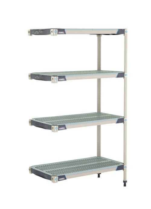 The MetroMax i AX336GX3 is a 4-shelf plastic industrial shelving add-on unit measuring 18 x 36 x 63, featuring evenly spaced grid-patterned shelves supported by corner poles. Its light gray structure with black and blue accents offers a sleek, industrial look.