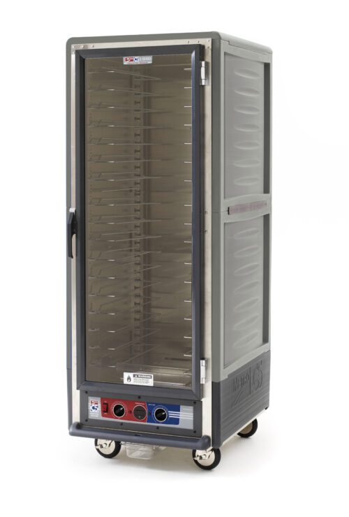 Explore the Metro C539-MXFC-U-GYA C5 3 Series Cabinet, a full-height, stainless steel warming unit with clear glass doors and flexible wire slides. It operates at 220-240V and features bottom-front control knobs for easy temperature adjustments.