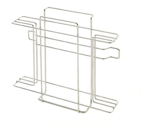 The Metro MS-CBE PrepMate Cutting Board Holder is a sleek, silver metal wire rack with rectangular sections and open slots for organizing cutting boards or baking sheets, ideal for efficient kitchen storage. It stands upright on a white background.
