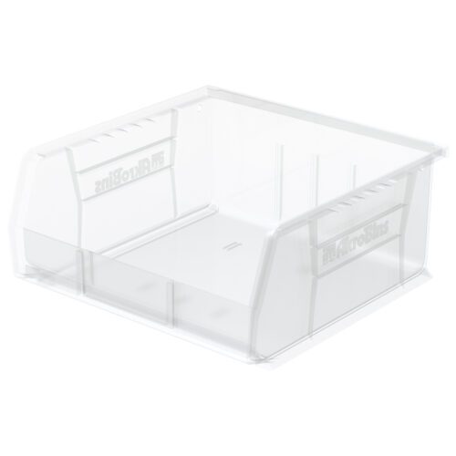 j8javax4nnk90vkqlnu6asaupdtpm905.jpg The Metro MB30235CLSH Stacking/Hanging Supply Bin, Clear, 10.8 x 11 x 5, is a transparent plastic storage solution with an open front and reinforced edges, ideal for organizing items.