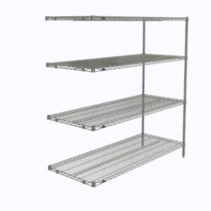 The Metro AN566C Super Erecta Wire Shelving Add-On Unit, in chrome, measures 24 x 60 x 63. It has adjustable shelves with a grid pattern on vertical posts, creating an open structure without a back or sides.