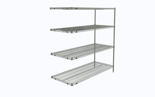 ja4rbvaomz15y41c2ijh0ju5c1qjyp3n.jpg The Metro AN566C Super Erecta Wire Shelving Add-On Unit, in chrome, measures 24 x 60 x 63. It has adjustable shelves with a grid pattern on vertical posts, creating an open structure without a back or sides.