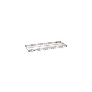 The Metro Super Erecta 1436NK4 Industrial Wire Shelf in Metroseal Gray Epoxy, 14 x 36, features a sleek rectangular grid pattern and silver finish. Captured from a slightly elevated angle, its elegant design contrasts against a plain white background.