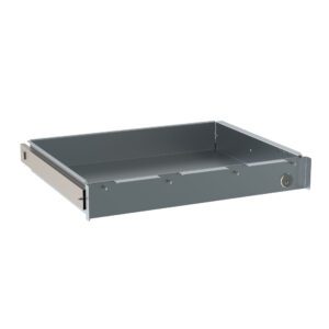 The Metro FL103KL Flexline 3 Locking Drawer for narcotic storage features a metal box in light gray with side walls and a sturdy handle. Its pre-drilled holes ensure easy setup, while the depth and durable construction provide secure storage from an angled view.