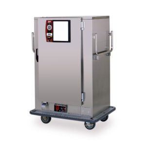 The Metro MBQ-90A One-Door Banquet Cabinet is a sleek stainless steel food warmer with temperature controls, side handles, and a 1650W, 120V input. It features four caster wheels for easy mobility, combining modern design and industrial strength.