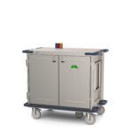 The Metro CaseVue CV36LS-5BFH Surgical Case Cart includes solid doors, stainless steel build, 45.5W x 28D x 40.625H dimensions, dual compartments, four wheels plus a fifth for steering, swing-up handle, lock for security, and colored flags on top for easy identification.