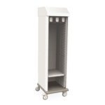 The Metro SXRS83MCATHTD Starsys Tambour Door Mobile Catheter Storage Cabinet, Single Wide, is a tall, white unit with vertical dividers inside and a top section featuring electrical outlets. It has four caster wheels and a flat base for easy mobility.