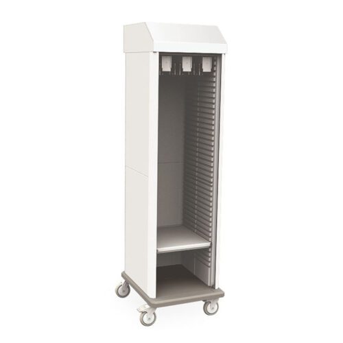 The Metro SXRS83MCATHTD Starsys Tambour Door Mobile Catheter Storage Cabinet, Single Wide, is a tall, white unit with vertical dividers inside and a top section featuring electrical outlets. It has four caster wheels and a flat base for easy mobility.