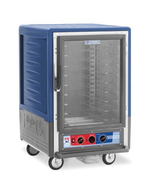 jdtzfbpcjen9h4ezhayoe5xni6syu289.jpg The Metro C535-MFC-U-BU is a blue 1/2 height insulated food warming cabinet on wheels with a full-length clear door, universal wire slides, and control knobs with temperature indicators on the 120V front panel.
