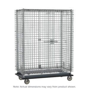 The Metro SEC56LCQ qwikSLOT Heavy-Duty Mobile Security Shelving Unit is a large, mobile, lockable metal wire cage with chrome finish, featuring a padlock hasp and two handles on four wheels; actual dimensions 28.0625 x 63.125 x 68.4375. Note: Actual dimensions may vary from product shown.
