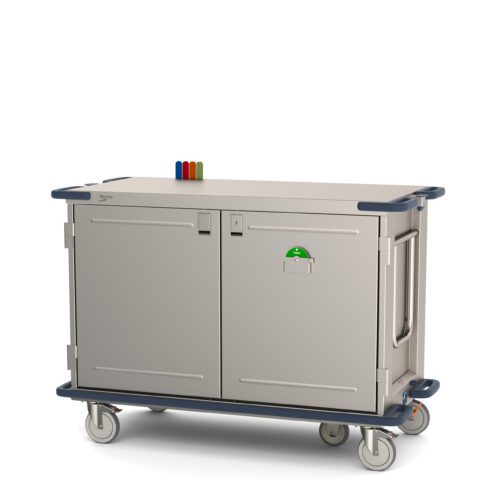The Metro CaseVue CV48LS-5BFH Surgical Case Cart includes solid doors, 5th wheel steering, and a swing-up side handle. It measures 57.5W x 28D x 40.625H and features a flat top with color flags in grey with dark corners on smooth wheels.