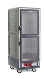 The Metro C539-HLDC-4-GY, a full-height gray insulated food transport cabinet, features Dutch clear doors, fixed wire slides, and is mounted on wheels. It includes control knobs and a bottom digital display to keep food warm during transport.