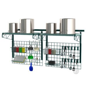 These green metal wall-mounted kitchen racks, reminiscent of the Metro CR3COMP72 SmartWall Dish Tank Units sleek design, store pots and utensils such as spatulas and graters, and include shelves to accommodate jars, a cutting board, and a blue scoop.