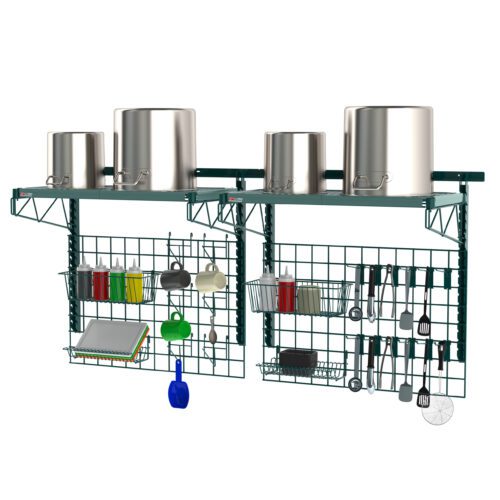 jgkzhow8fs740b81ywwaef213n1tdmcr.jpg These green metal wall-mounted kitchen racks, reminiscent of the Metro CR3COMP72 SmartWall Dish Tank Units sleek design, store pots and utensils such as spatulas and graters, and include shelves to accommodate jars, a cutting board, and a blue scoop.