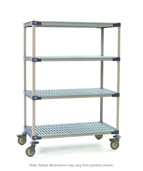 The MetroMax 4 X366PG4 Industrial Cart has four open-grid shelves and swivel casters for easy mobility. Reinforced corners feature diagonal supports. It measures 18 x 60 x 67.3125, though dimensions may vary slightly from the product shown.