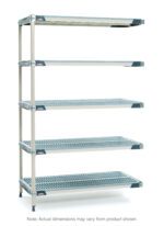 The MetroMax i 5AX517GX3 5-Shelf Plastic Industrial Shelving Add-On Unit offers a five-tier design with perforated shelves, measuring 24 x 24 x 74, supported by four vertical posts and featuring blue corner accents. Note: Actual dimensions may vary.