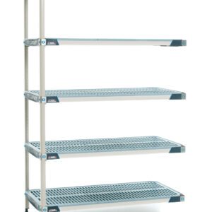The MetroMax i 5AX517GX3 5-Shelf Plastic Industrial Shelving Add-On Unit offers a five-tier design with perforated shelves, measuring 24 x 24 x 74, supported by four vertical posts and featuring blue corner accents. Note: Actual dimensions may vary.