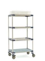 The MetroMax 4 MAX4-PR36VX3 Mobile Drying Rack, measuring 26 x 38 x 68, features two drop-ins, a tray rack, a bulk shelf, and a three-tiered metal design. It offers sturdy mobility with its gray finish and wheels.