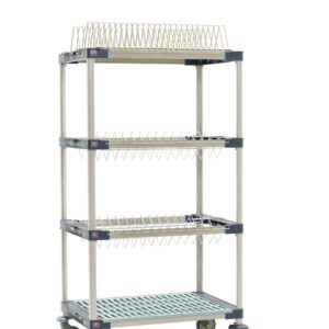 The MetroMax 4 MAX4-PR36VX3 Mobile Drying Rack, measuring 26 x 38 x 68, features two drop-ins, a tray rack, a bulk shelf, and a three-tiered metal design. It offers sturdy mobility with its gray finish and wheels.