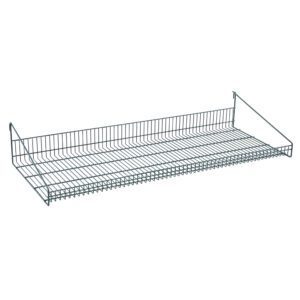 The Metro GS1848K3 SmartWall Grid Shelf, measuring 18 x 48, features a rectangular wire frame and grid pattern. Coated in Metroseal Green Epoxy, it mounts securely to walls for stylish and durable organization or display of items.