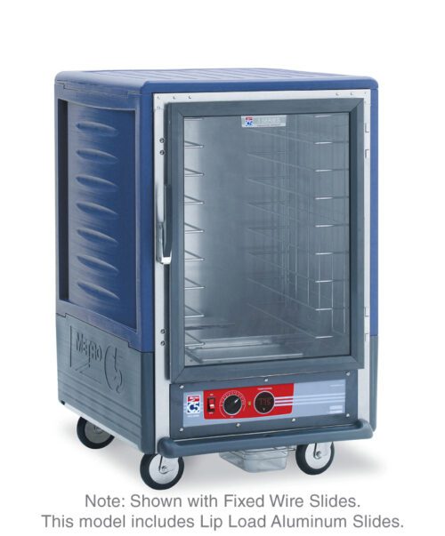 jjzza36b5gt9euqzqpn18sejwx6qxai9.jpg The blue Metro C535-HXFC-L-BUA C5 3 Series Insulated Holding Cabinet features Lip Load Aluminum Slides, a full-length clear door revealing metal racks, and offers mobility on four wheels with precision control via its bottom panel settings.