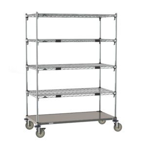 The Metro ECN55CA Super Adjustable Super Erecta Par Level Cart, with its 24 x 48 shelves and galvanized steel bottom shelf, offers a five-level design on wheels perfect for organizing your garage, warehouse, or kitchen.