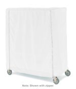 A white rectangular laundry cart with a Metro 18X36X54VUC Uncoated Polyester Cover for 18 x 36 x 54 shelving, featuring a Velcro closure and visible edge stitching, rests on four wheels, angled slightly to the right.