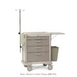 The Metro MBP1210GEN Basix Plus General Supply Cart in dark taupe features four drawers, an extendable tray, IV pole, and attached waste bin. Designed for easy mobility, it includes smooth-rolling wheels for enhanced functionality.