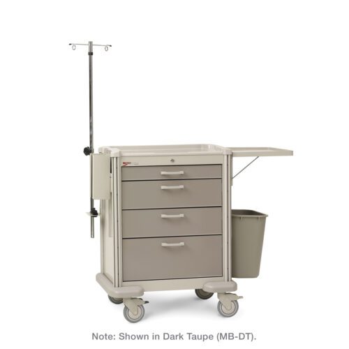 The Metro MBP1210GEN Basix Plus General Supply Cart in dark taupe features four drawers, an extendable tray, IV pole, and attached waste bin. Designed for easy mobility, it includes smooth-rolling wheels for enhanced functionality.