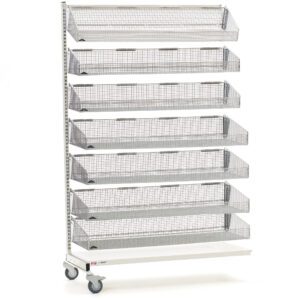 The Metro QB148-M7A qwikSIGHT Mobile Add-On is a tall, silver mesh unit with wheels, featuring 7 angled shelves for easy access and display. It measures 48 L and includes four caster wheels for enhanced mobility.