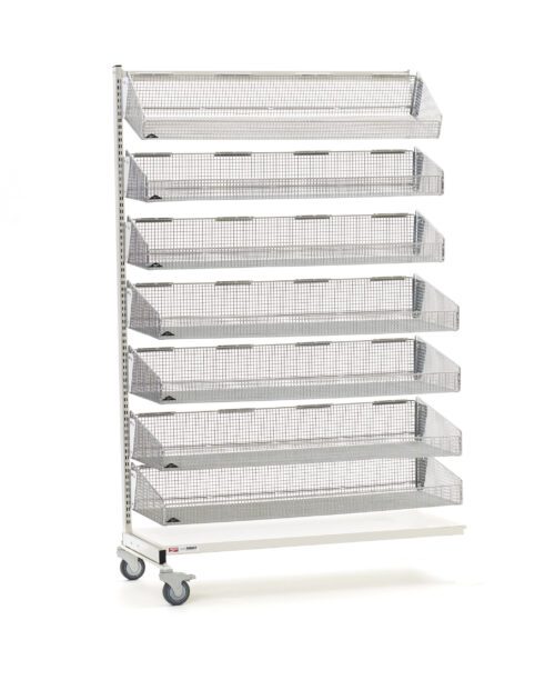 jrgwg4befyfzk96o9r5mizznkarpfj6b.jpg The Metro QB148-M7A qwikSIGHT Mobile Add-On is a tall, silver mesh unit with wheels, featuring 7 angled shelves for easy access and display. It measures 48 L and includes four caster wheels for enhanced mobility.