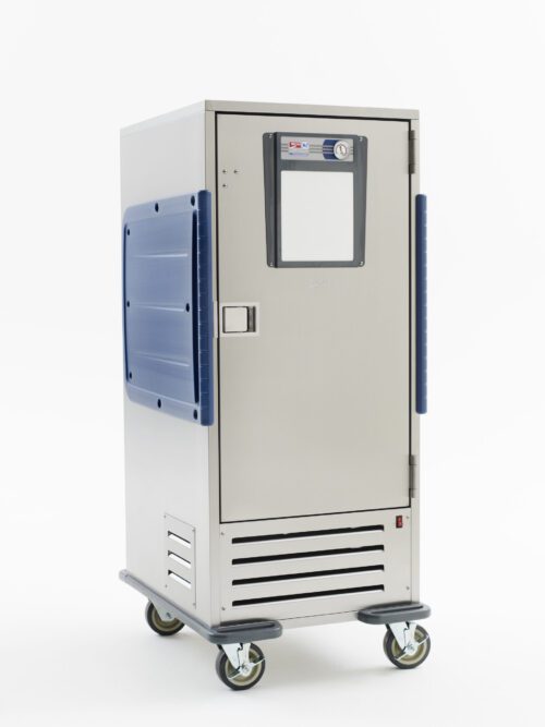 The Metro C5R9-SBA C5 R-Series Refrigerated Transport Cabinet, equipped with adjustable bottom load slides, is a stainless steel kitchen appliance on wheels. It has a windowed door with blue side handles, a top control panel, and ventilation slats below, operating at 120V and 60Hz.