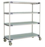 The MetroMax i X566EFX3 Mobile Cart, with its open-frame design and flat solid shelves, measures 24 x 60 x 67.3125. Its eye-catching silver structure with blue accents stands out against a plain white background.