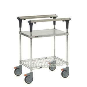 The Metro MS1824-FGBR PrepMate MultiStation 24 Prep Station features a solid galvanized top shelf, brite zinc wire bottom shelf with chrome posts, four grey swivel wheels, two tiers, and black handles at each end for versatile mobility.