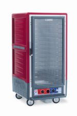 The Metro C537-CFC-4 C5 3 Series is a red 3/4 height insulated holding/proofing cabinet with a full-length clear door, fixed wire slides, and four wheels. It features a bottom control panel with dials and buttons for its 120V, 60Hz, 2000W interior.
