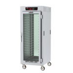 The Metro C589-SFC-UPFCA is a full-height, silver commercial holding cabinet with a clear full-length door, universal wire slides, digital top controls, and caster wheels for mobility. Designed for 60Hz operations, it offers ample storage space at 120V and 2000W power.