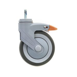 The Metro 5PTL-NB PrepMate Total Lock Caster features a gray swivel wheel, metal screw attachment, and an orange brake pedal, providing seamless mobility for furniture or equipment.