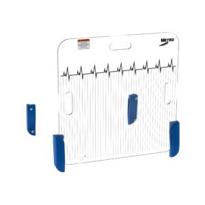 The Metro LEC307 Backboard, with blue assembly kit, features a clear rectangular panel with an ECG-like jagged black line design and a top handle cutout. Designed for easy installation on Lifeline and Flexline Carts, it prominently displays the Metro brand name.