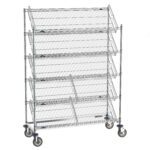 The Metro DC56EC Super Erecta Slanted Shelf Rack features five open-sided 18 x 48 wire shelves on caster wheels for easy access and mobility.