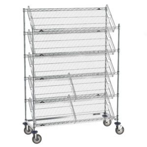 The Metro DC56EC Super Erecta Slanted Shelf Rack features five open-sided 18 x 48 wire shelves on caster wheels for easy access and mobility.