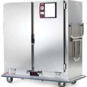 The Metro MBQ-180D-QHA is a stainless steel two-door banquet cabinet featuring a Quad-Heat Thermal System and digital controls. Operating efficiently at 120V, 60Hz, and 1650W, it includes sturdy casters and an optional swing-up pull handle for seamless mobility.