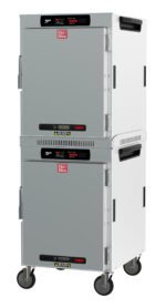 The Metro HBCW16-DS-M HotBlox is a 16-pan insulated dual-cavity mobile holding cabinet with stainless steel construction, featuring digital touchscreen controllers and (2X) 120V, 60Hz, 875W power input. It includes solid doors and side vents for temperature control, labeled as Hot Box for easy identification.