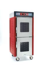 The Metro C549-ASDC-LA C5 4 Series Insulated Holding Cabinet, with a red and stainless steel design and Dutch Clear Doors, offers top temperature controls and wheel mobility. Its perfect for keeping food warm in any professional kitchen.