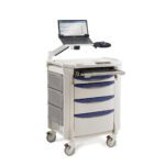 Meet the Metro FLXCOM-LT Flexline Computer Ready Cart: a wheeled medical cart featuring a laptop, blue-handled drawers, a pull-out keyboard tray, and side compartments, all crafted for effortless mobility in healthcare environments.
