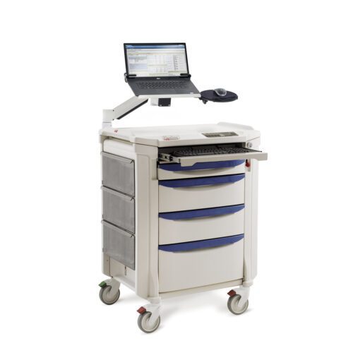 Meet the Metro FLXCOM-LT Flexline Computer Ready Cart: a wheeled medical cart featuring a laptop, blue-handled drawers, a pull-out keyboard tray, and side compartments, all crafted for effortless mobility in healthcare environments.